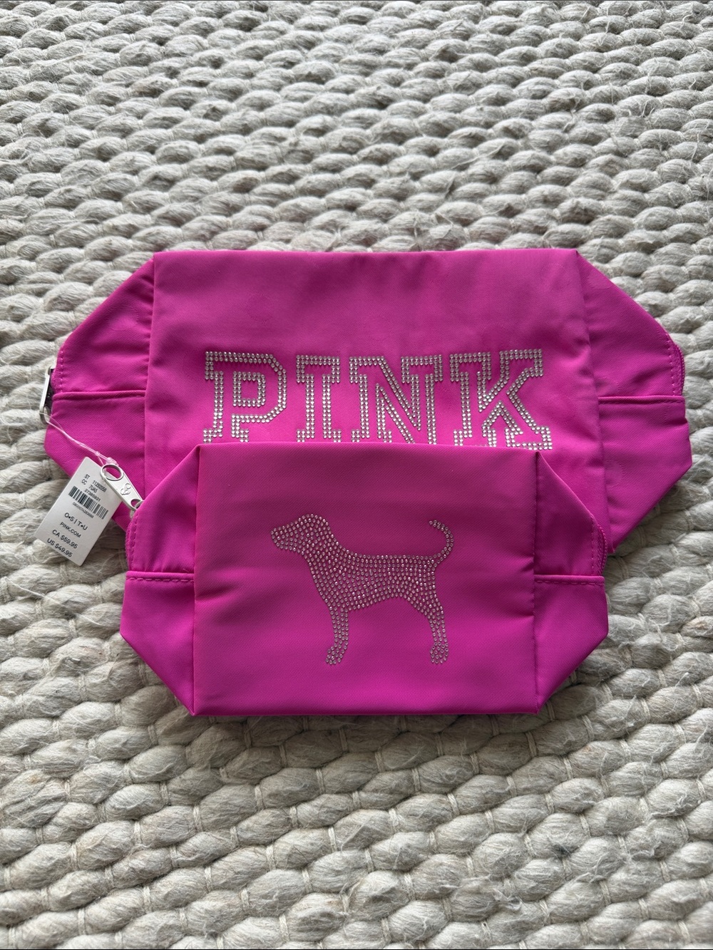 NWT PINK Victoria's Secret Hot Pink Rhinestone Dog Cosmetic Pouch Set of 2
